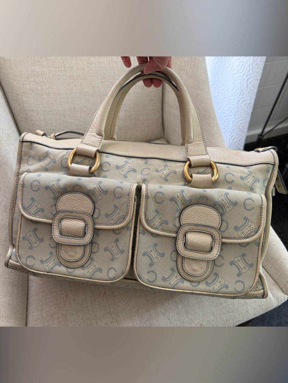 Celine Cream Beige Monogram Satchel with Dual Front Pockets